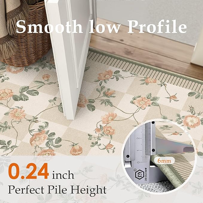 HUGEAR 2x8 Runner Checkered Rugs for Hallways Machine Washable Beige Long Carpet Floral Print Non-Slip Stain Resistant Low Pile Indoor Throw for Entrance Kitchen Bedroom Dining Laundry