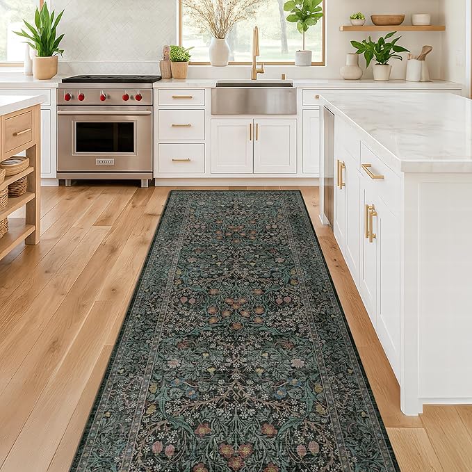 Dark Green 2x7 Long Washable Runner Rug Non Slip, Throw Rugs Runners for Kitchen Hallways Entryway Bathroom Laundry Room, Floor Mat Vintage Floral Carpet Low Pile Stain Resistant