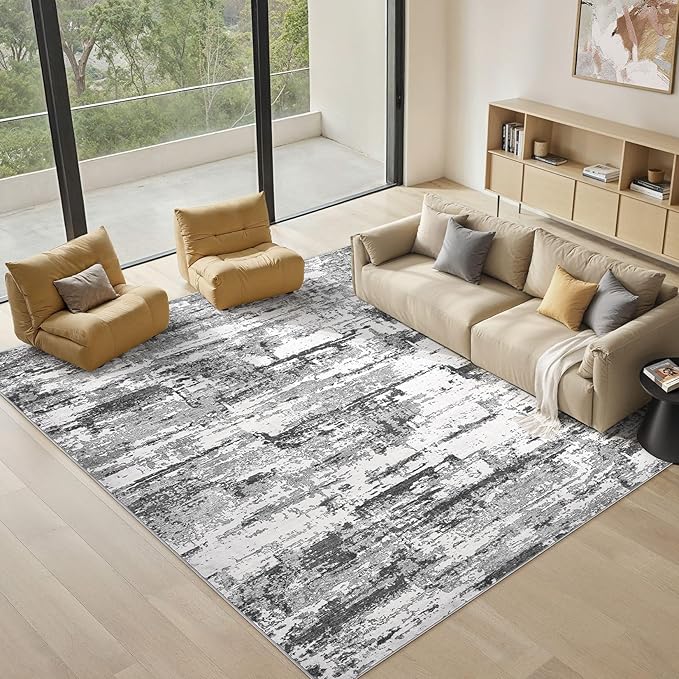 Area Rugs for Living Room: 6x8 Abstract Washable Rug Modern Neutral Large Soft Stain Resistant Non-Slip Backing Machine Table for Bedroom Dining Room Indoor Home Office Carpet - Black Grey