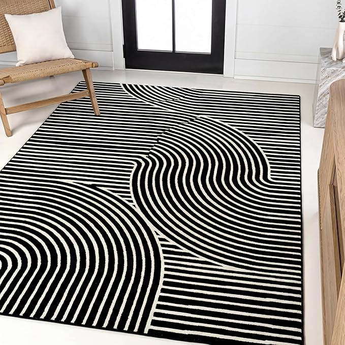 JONATHAN Y Hallie High-Low Curve Black/White 3x5 Indoor Area Rug, Minimalist Geometric, Modern, Non-Shedding, Stain Resistant for Bedroom, Living Room, Kitchen (SCN100F-3)