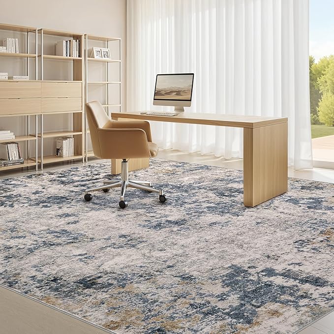 Area Rugs for Living Room: 9x12 Abstract Washable Rug Large Soft Stain Resistant Non-Slip Backing for Bedroom Dining Room Indoor Home Office Carpet for Kids Pet Friendly Families - Blue Brown