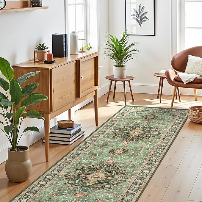 Green Runner Rugs 2x10 Boho Small Washable Area Rugs for Entryway Bathroom Kitchen, Long Rugs for Hallway Soft Low Pile Non-Slip Rubber Backing Oriental