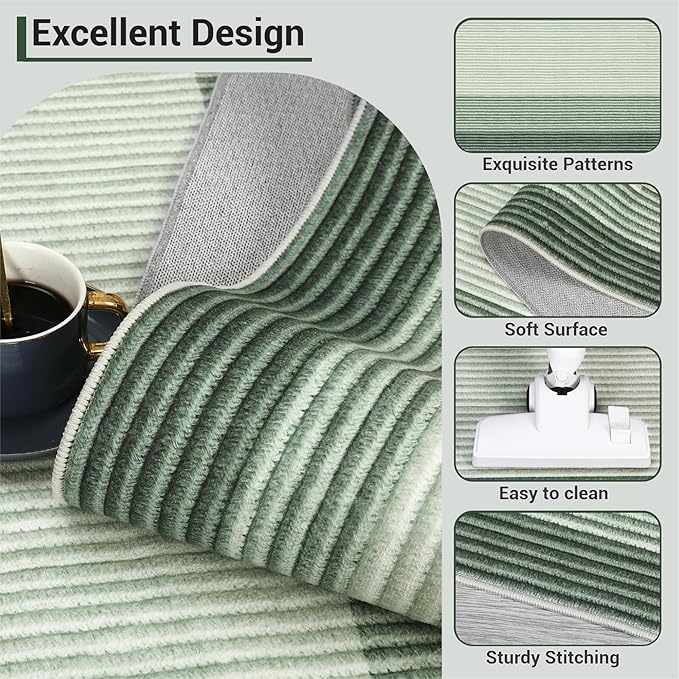 GarveeHome Washable 8x10 Rugs for Living Room Neutral Green Rugs for Bedroom Stain-Resistant Contemporary Border Large Rug Non-Slip Low Pile Farmhouse Rug for Under Dining Room Table Office,Green