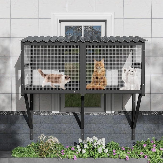 Outdoor Cat Window Perch, Catio Cat Enclosure Window Box Access with Double Doors for Cats Tunnel, Cats Patio w/All-Weather Roof for Indoor Kitty Sunbathing, Napping