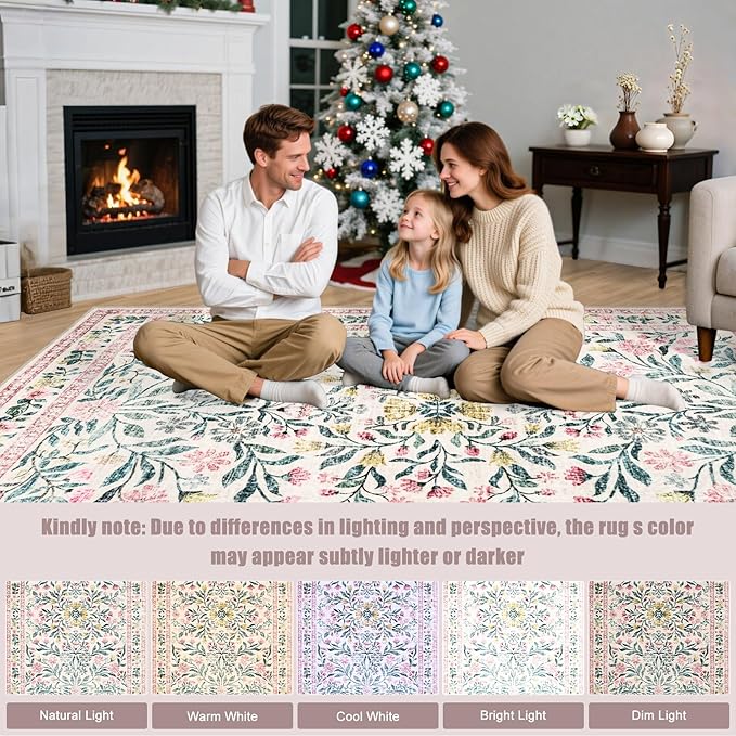 Area Rug Living Room Rugs: Floral 5x7 Washable Rug Vintage Soft Boho Non-Slip Carpet Indoor Stain Resistant Large Carpets for Bedroom Dining Room Farmhouse Nursery Hallway Home Office Pink Green