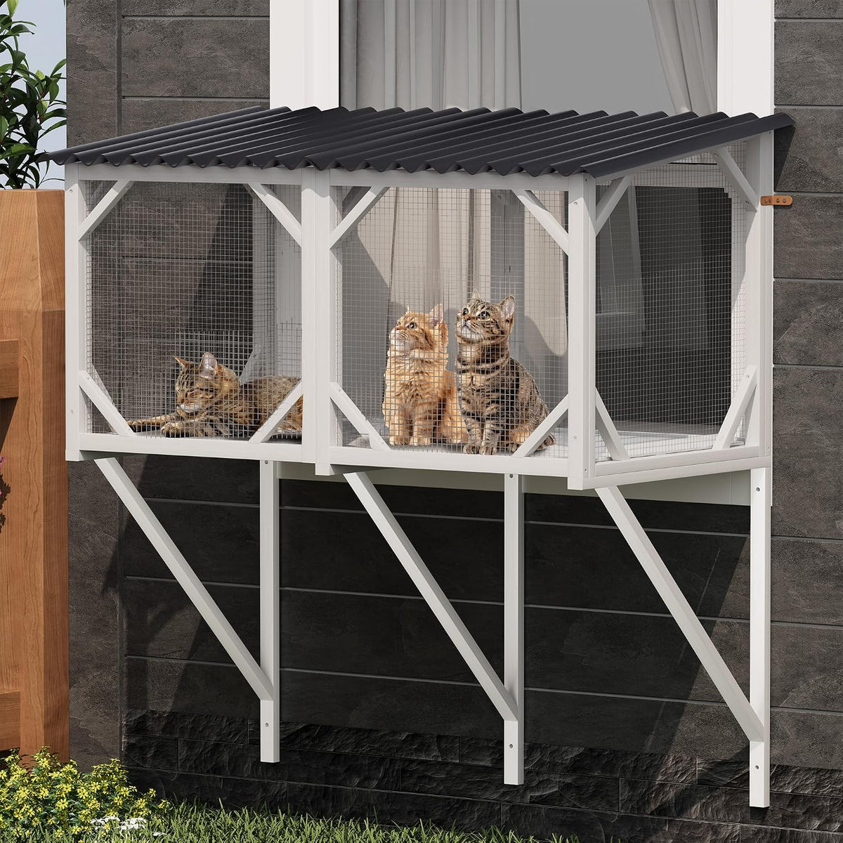 Cat Window Box, 43.3" Catio o Outdoor Cat Enclosure for Sunbathing, Napping & Bird Watching, Wood Cat Window Perch with Mosquito Net Window Catio for Indoor Cats (White)