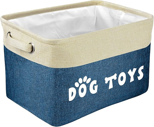 PET ARTIST Dog Toy Basket, Collapsible Dog Toy Bin Box with Comfortable Handles, Large Pet Toy Storage Basket Organizer for Accessories, Toys, Coat & Clothing, Blanket & Leash, Navy Blue, 15"x11"x9"