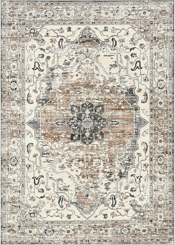 5x7 Area Rugs for Living Room, Stain Resistant Neutral Washable Rugs for Dining Room, Floral Vintage Non-Slip Thin Large Size Area Rug (Brown/Grey)
