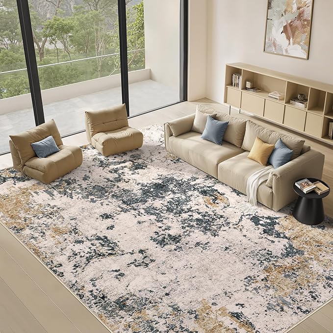 Area Rugs for Living Room: 9x12 Abstract Washable Rug Large Soft Stain Resistant Non-Slip Backing for Bedroom Dining Room Indoor Home Office Carpet for Kids Pet Friendly Families - Grey Gold