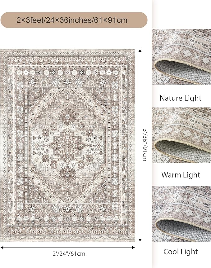 2x3 Entryway Rug Small Washable Kitchen Rugs Non Slip Front Door Rug Foldable Thin Carpet Low Pile Area Rug for Dining Room Entry Bedroom(Brown/Beige,2'x3')