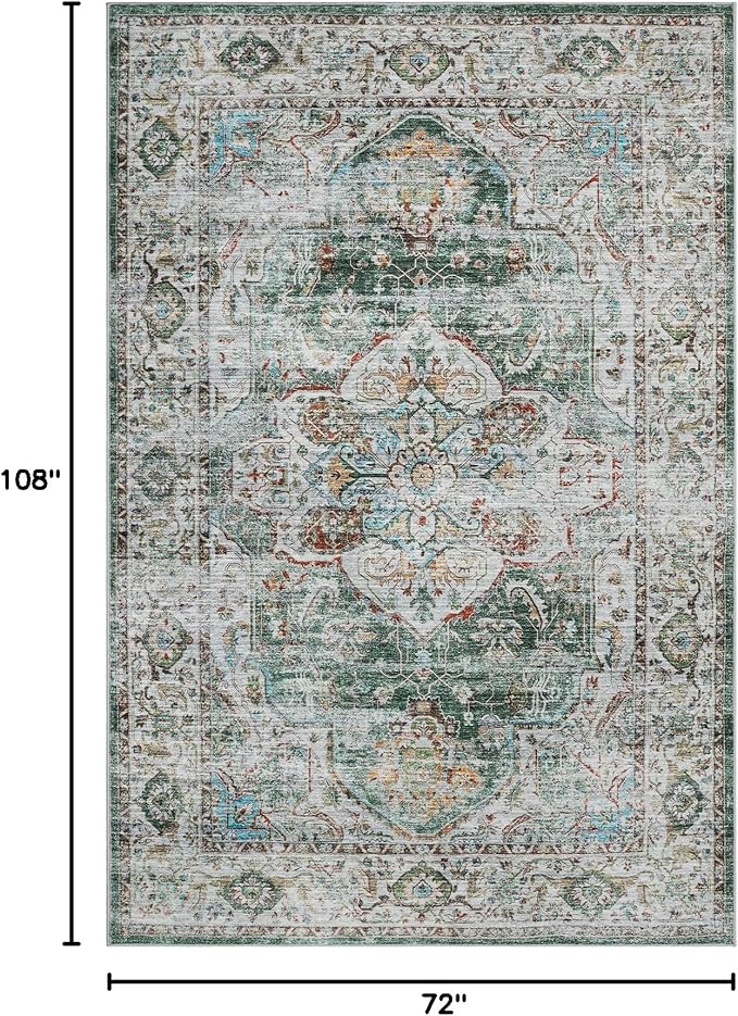 6x9 Area Rugs for Living Room - Stain Resistant Non-Slip Backing Machine Washable Rugs for Bedroom - Boho Persian Large Area Rug (Green, 6'x9')