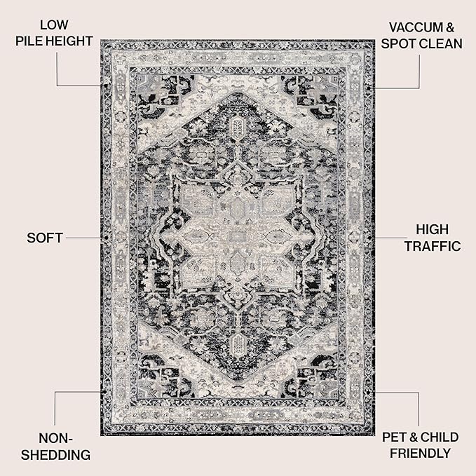 JONATHAN Y Vintage Medallion Indoor Area Rug 4X6 Black/Ivory, Modern Boho for Living Room, Bedroom, Kitchen, Office, Easy-Cleaning, High Traffic, Pet-Friendly, Non-Shedding MDP106F-4