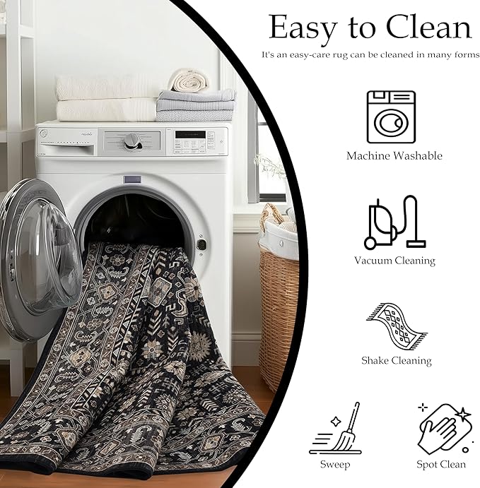 Area Rug Non Slip Machine Washable Ultra Soft Living Room/Bedroom/Kitchen/Outdoor/Classroom Black Gold, 2'×6'