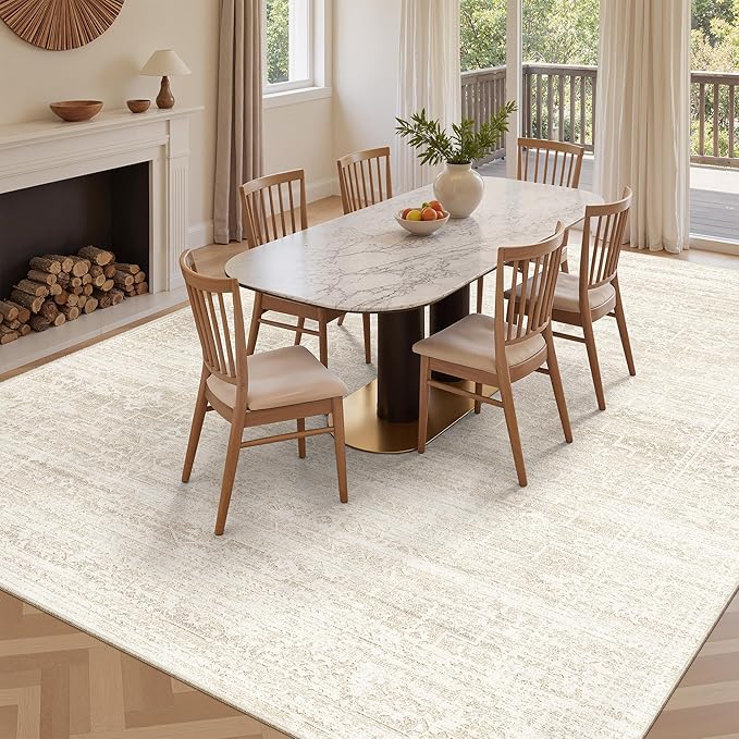 Living Room 10x14 Area Rugs, Washable Low Pile Non-Slip Stain Resistant Extra Large Thin Rug, Vintage Soft Throw Carpet for Dining Room Bedroom Farmhouse Home Office Decor Beige/Cream