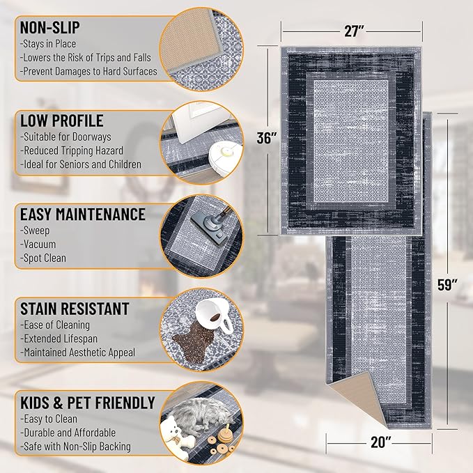 Ottomanson 2-Piece Kitchen Rug Set - Non Slip, Runner & Small Area Rug - Border - 20" x 59" & 2'3" x 3' - Durable, Stain Resistant for Entryway, Bedroom and Bathroom, Gray/Navy
