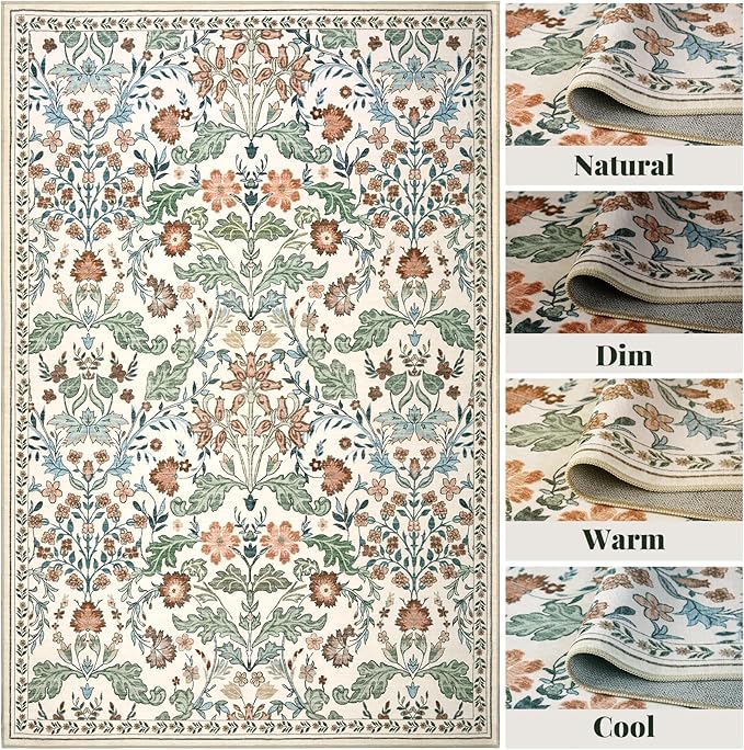 Floral Area Rug for Living Room: 4x6 Washable Soft Low Pile Thin Indoor Carpet, Non Slip Stain Resistant Vintage Flower Boho Accent Rugs for Bedroom, Dining, Home Office, Nursery - Beige