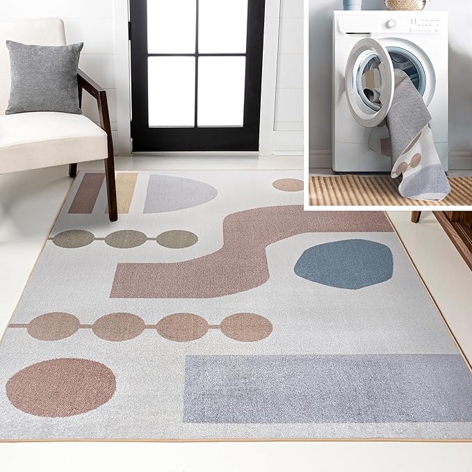 JONATHAN Y Machine Washable Cream/Multi Indoor Area Rug 4X6 ft, Riley Abstract Coastal Contemporary for Living Room, Bedroom, Kitchen, Office, Easy-Cleaning, Pet-Friendly, Non-Shedding WSH308A-4