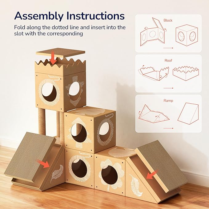 DIY Cardboard Cat House, Multi-Level Cat Tree Tower with Scratching Posts, Scratching Pad, Tunnel & Playhouse for Kittens & Adult Cats, Recyclable 48.8" × 25" × 40.16", Kraft Brown