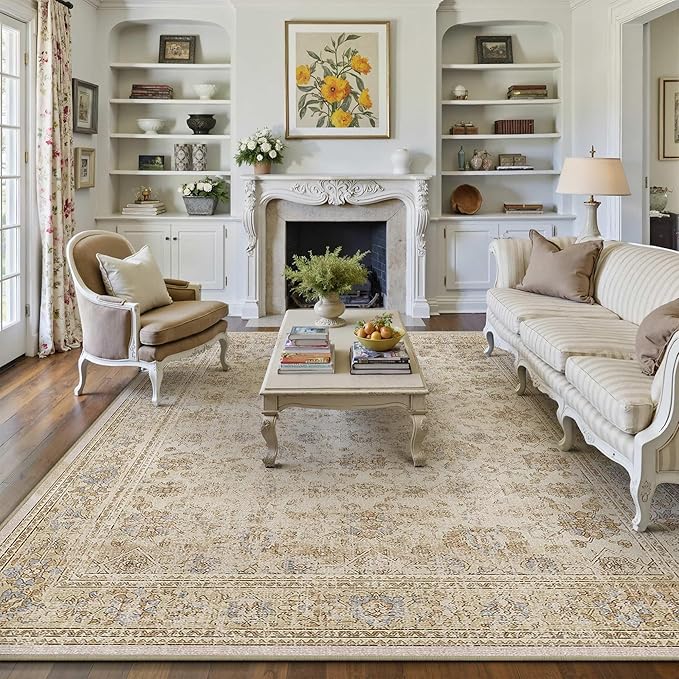 HUGEAR 6x9 Area Rug Beige Vintage Machine Washable Living Room Retro Rugs Distressed Floral Vacuumable Low Pile Carpet Bedroom Office Dining Room Laundry Room Non Slip Soft Lightweight