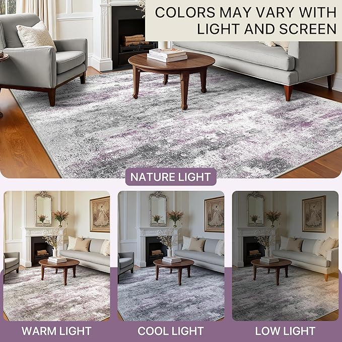 Area Rugs 6x9 for Living Room Bedroom, Modern Abstract Machine Washable Rug, Large Soft Low Pile Floor Carpet with Non Slip Backing for Dining Room, Grey/Purple