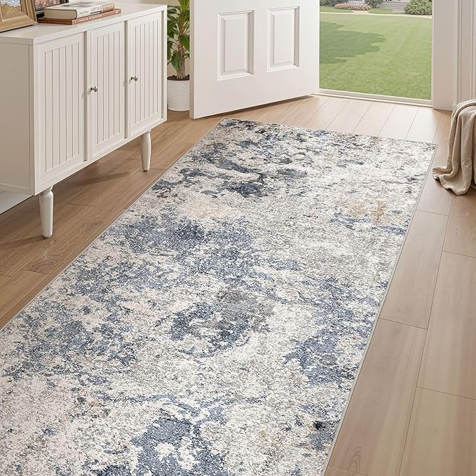 Hallway Washable Runner Rug: 3x12 Abstract Modern Soft Stain Resistant Non-Slip Backing Runner for for Entryway Kitchen Laundry - Blue Brown