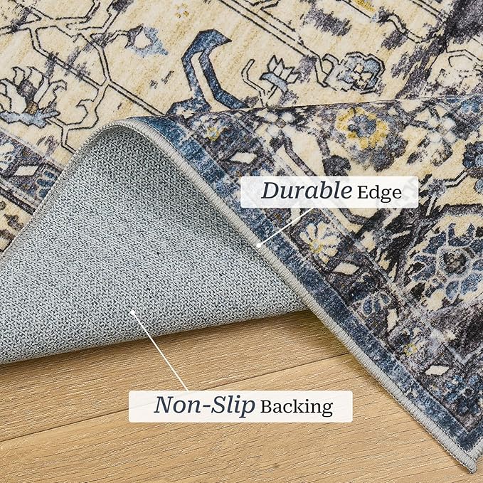 5x7 Area Rugs for Living Room, Stain Resistant Neutral Washable Rugs for Dining Room, Floral Vintage Non-Slip Thin Large Size Area Rug (Blue/Black)