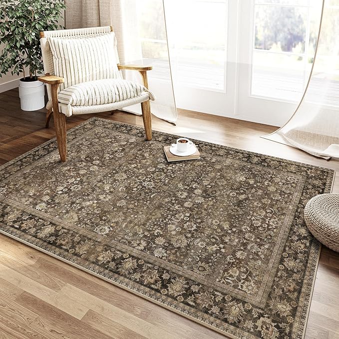 HUGEAR 3x5 Machine Washable Rugs Brown Hallway Area Rug Indoor Accent Rug Floral Low Pile Carpet Soft Throw Rug Bedroom Living Room Office Dining Room Kitchen Laundry Room Non Slip