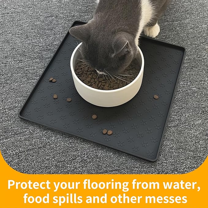 Ptlom Pet Placemat for Dog and Cat, Waterproof Non-Slip Silicone Feeding Bowl Mat Prevent Food and Water Overflow, Puppy Dish Feeder Fountain Trays Suitable for Medium and Small Pets, Black