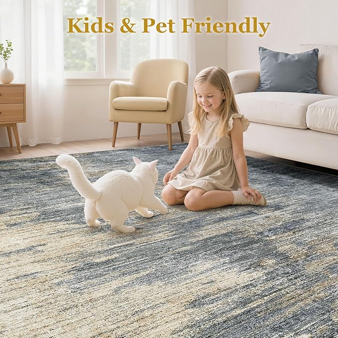 Area Rugs for Living Room: 8x10 Abstract Washable Rug Modern Neutral Large Soft Stain Resistant Non-Slip Backing Machine Table for Bedroom Dining Room Indoor Home Office Carpet - Blue Gold