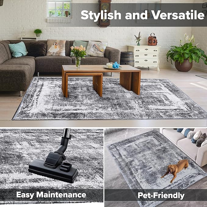 Hudson Comfort 10x12 Area Rug - Faux Cashmere Living Room Carpet - Machine Washable Area Rugs with Anti-Slip TPR Back - Super Soft 6mm Pile Height Pet-Friendly Rugs (Black)