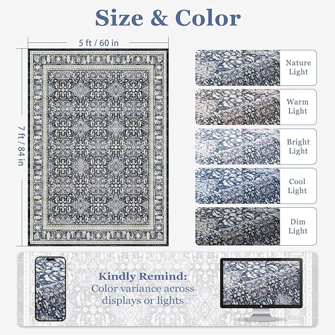 Dark Blue 5x7 Area Rugs for Living Room Bedroom, Transitional Boho Moroccan Floral Trellis Printed, Washable Non Slip Low Pile Ultra Thin Soft Carpet Rugs for Dining Room/Kitchen/Home Office