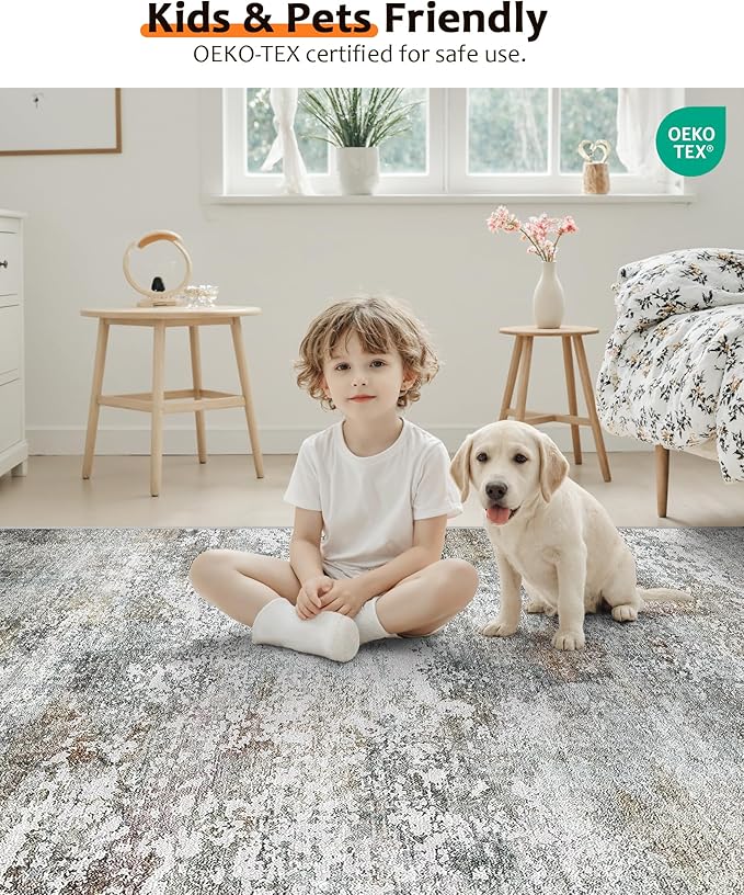 Art&Tuft Washable Rug, Anti-Slip Backing Abstract Area Rugs, Stain Resistant Rugs for Living Room, Foldable Machine Washable Area Rug(9'x12', Grey/Rust)