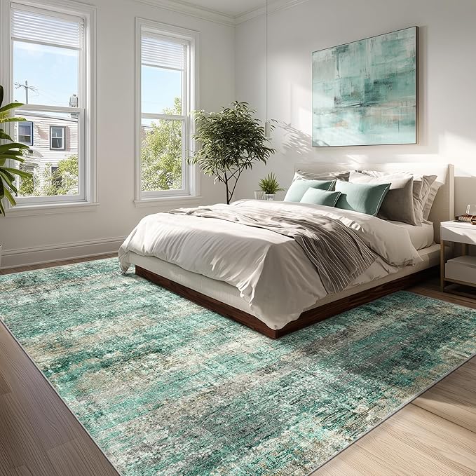 LEPEII 8x10 Area Rugs, Machine Washable Low Pile Rugs for Living Room, Modern Abstract Area Rugs for Bedroom, Large Area Rug with Non-Slip Backing for Dining Room-Green