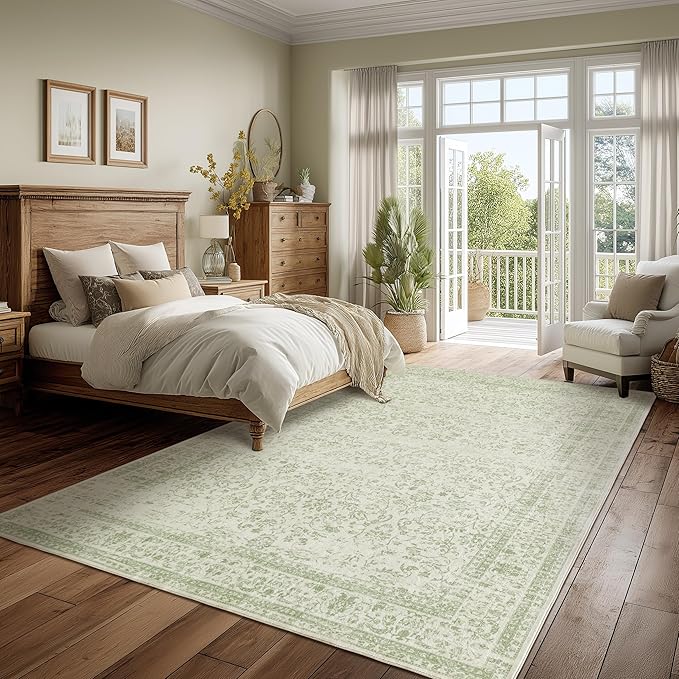 Light Green Nursery Rug Boy Girl 6x9 Area Rugs Washable Non Slip Low Pile Soft Boho Neutral Floral Print Throw Carpet for Living Room Dining Room Sage Green Dining Room Rugs for Under Table 6 x 9