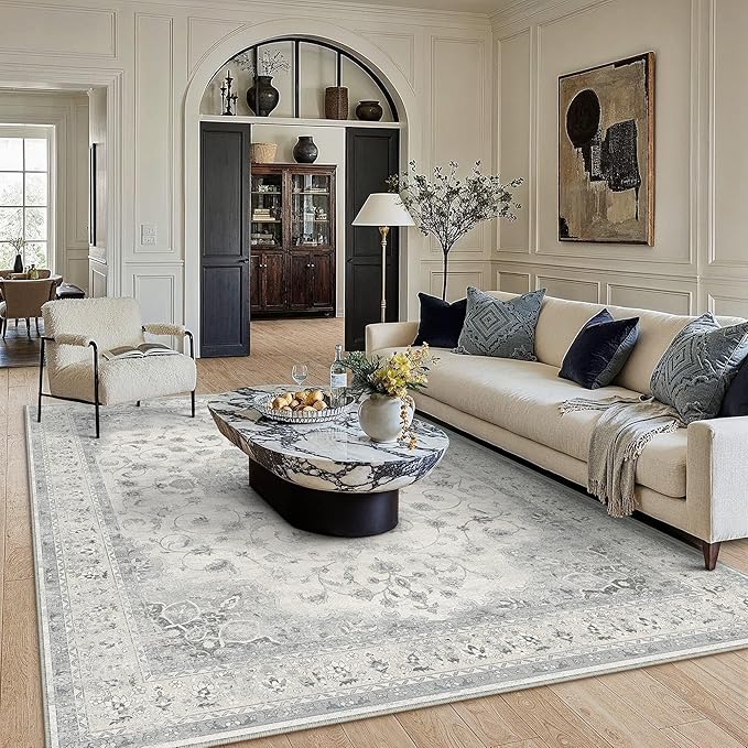 HUGEAR Machine Washable Area Rugs 8x10 Vintage Grey Large Living Room Bedroom Rug Neutral Style Non Slip Stain Resistant Low Pile Throw Carpet for Home Retro Aesthetic Modern Decor
