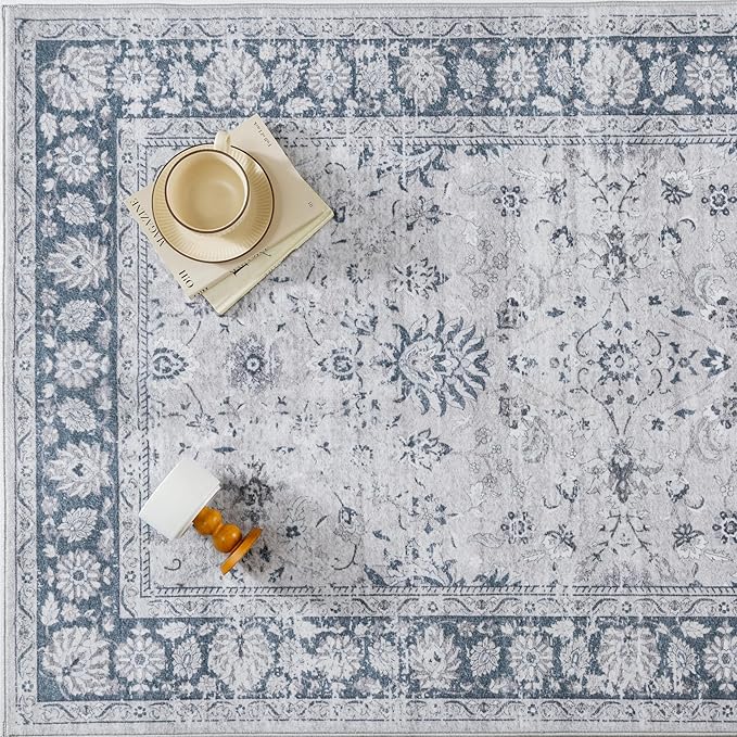 6x9 Area Rug Blue Washable Vintage Carpet Living Room Bedroom Large Non Slip Stain Soft Resistant Low Pile Thin Boho Accent Indoor Throw Rug for Dining Room Office