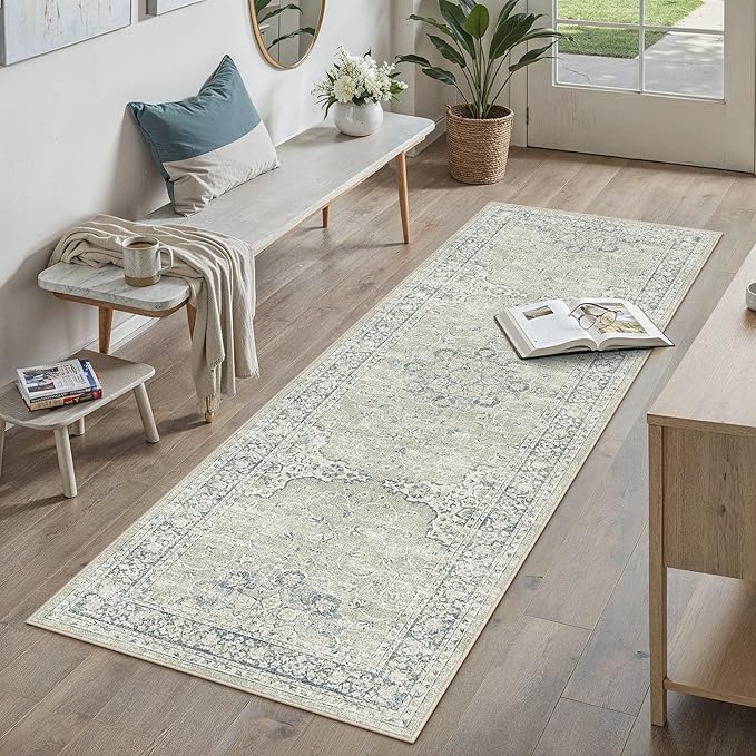HUGEAR Machine Washable Hallway Runner Rugs 2x6 Vintage Sage Green Neutral Style Non Slip Stain Resistant Low Pile Throw Carpet for Bedroom Kitchen Retro Aesthetic Modern Decor