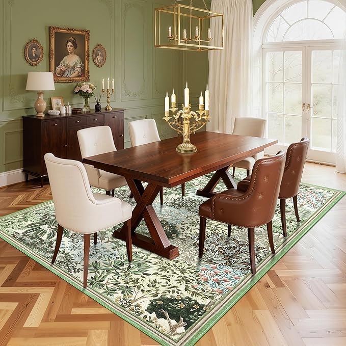GarveeHome Forest Rugs 5x7, Beige Green Washable Area Rugs for Living Room 5x7, Botanical Low Pile Non Slip Stain Resistance Woodland Rug for Farmhouse, Bedroom, Dining Room