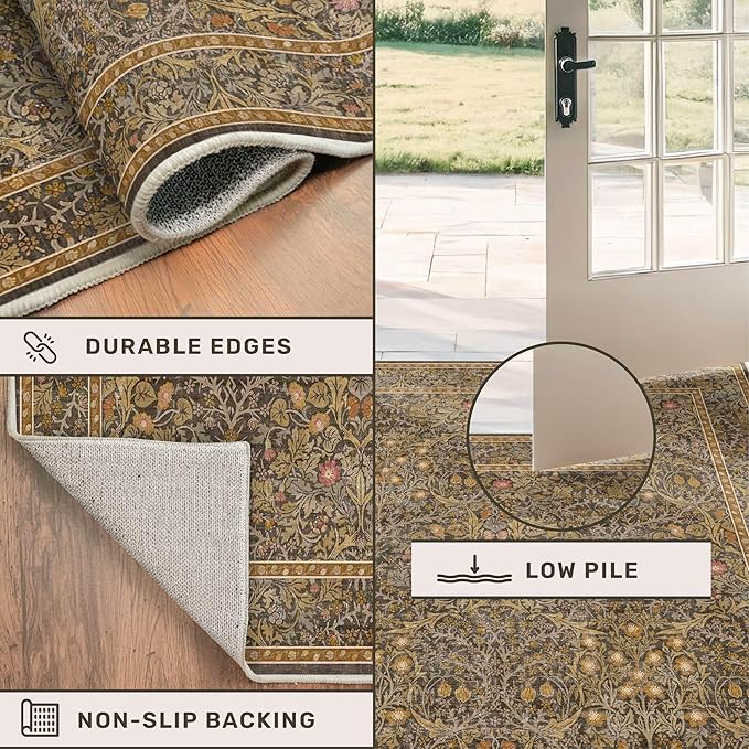Vintage Brown 4x6 Area Rugs for Large Entryway, Bedroom Beside Rug, Kitchen, Mudroom, Non-Slip Low Pile Ultra Soft Stain Resistant Small Floral Carpet