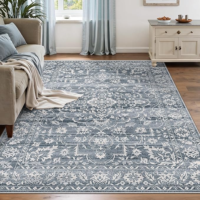 6x9 Area Rugs for Living Room, Stain Resistant Neutral Washable Rugs for Bedroom, Floral Vintage Non-Slip Soft Throw Carpet for Dining Room Farmhouse (Blue, 6'x9')