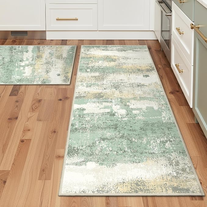Kitchen Runner Rug Set 2 Piece, 17"x59"+17"x30" Rug, Modern Abstract Machine Washable Rug Runner for Hallway, Low Pile Soft Indoor Floor Mat with Non-Slip Backing, Light Green