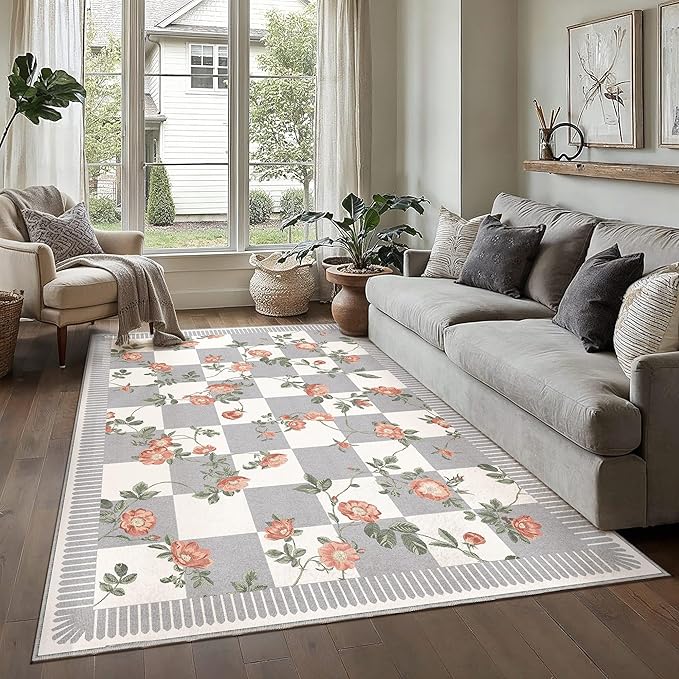 HUGEAR 6x9 Checkered Area Rugs Machine Washable Grey Living Room Rug Floral Print Non-Slip Stain Resistant Low Pile Indoor Throw Carpet for Bedroom Home Unique Aesthetic Modern Decor