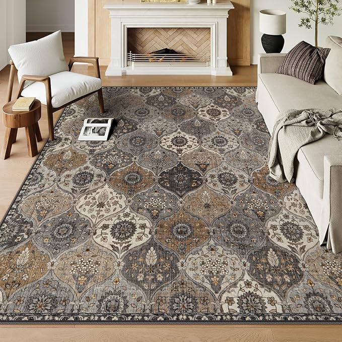 Lahome Moroccan Trellis 9x12 Rug for Living Room, Soft 9x12 Area Rug for Bedroom Dining Room, Ultra-Thin Non-Slip Non Shedding Distressed Throw Large Carpet for Office, Grey