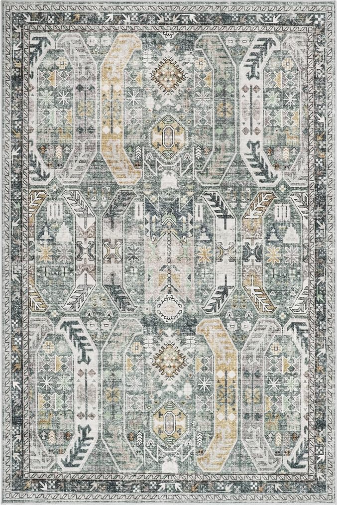 Washable Rug 8x10 Area Rugs for Living Room - Stain Resistant Non-Slip Backing Rugs for Bedroom - Vintage Large Area Rug (Green/Gold, 8'x10')