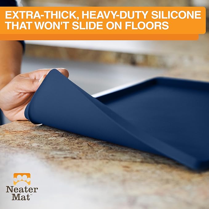 Neater Pet Brands Neater Mat Pet Mats for Food and Water, Cat & Dog Bowl Mat Waterproof Silicone, Feeding Tray, Dog Food Mats for Floors, Placemat w/Raised Edge for Under Bowls, 19” x 12”, Dark Blue