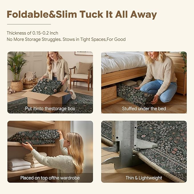 HUGEAR Vintage Floral Machine Washable 8x10 Area Rugs Black Green Living Room Bedroom Rug Retro Neutral Stain Resistant Non Slip Low Pile Throw Carpet for Home Aesthetic Modern Decor