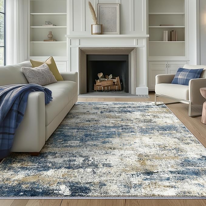 Machine Washable Rug 9x12 Area Rugs for Living Room Bedroom, Large Navy Blue Beige Abstract Area Rug Soft Throw Rugs, Low-Pile Floor Carpet with Non Slip Rubber Backing