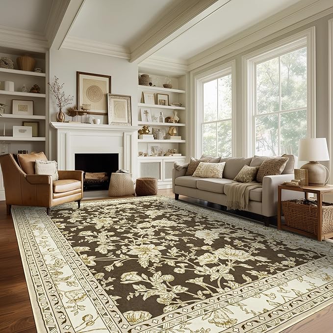 Brown Floral Print Area Rugs for Bedroom Living Room Boho Farmhouse Country Rustic Dining Room Carpet Soft Washable Rugs Non Slip Floor Covering for Nursery Playroom 10x12