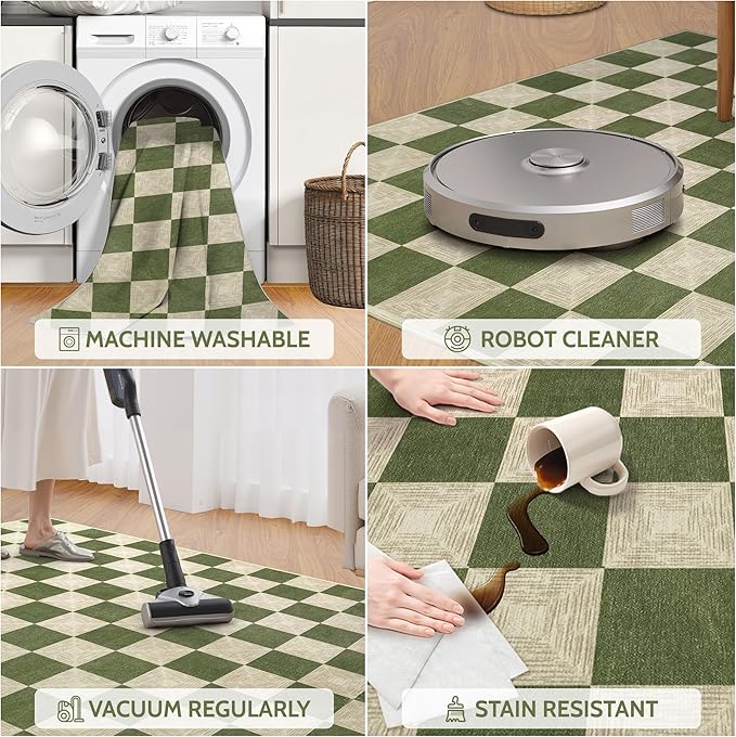 Washable Green Checkered Rug 5x7, Non-Slip Low Pile Area Rug for Living Room, Bedroom, Nursery, Modern Neutral Farmhouse Checkerboard Carpet, Pet & Kid Friendly