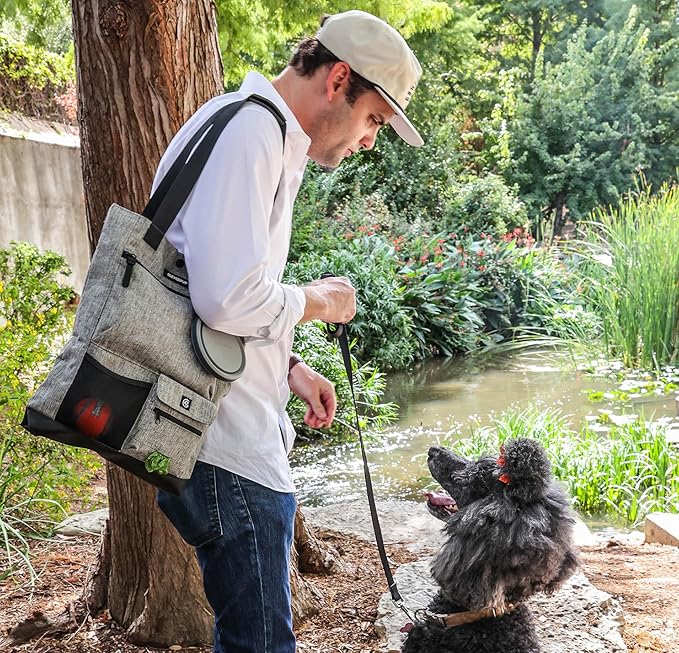 Park Pack 2-Piece Set Dog Gear Tote – Dog Travel Bag with 8 Pockets, Treat Pouch, Poop Bag Dispenser, Quick-Dry Ball Pocket, Collapsible Bowl, Perfect for Walks & Park Trips, Heather Grey